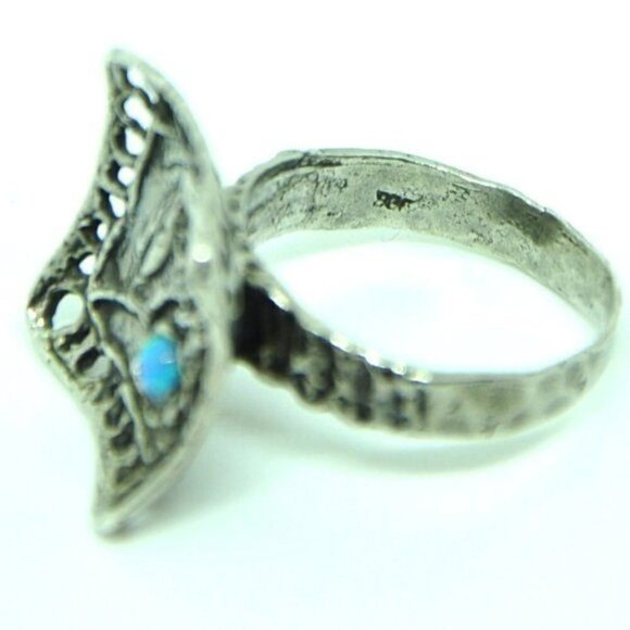 Artisan Sterling Silver Blue Opal Flower Ring – Hand Hammered, Size 7.5 - Picture 6 of 15